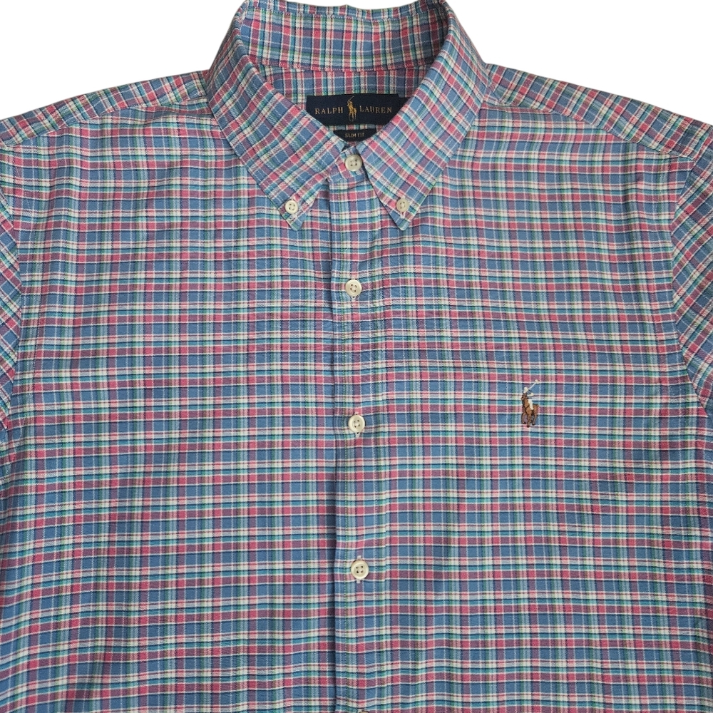 Ralph Lauren Mens Slim Fit Pink Blue Plaid Short Sleeve Button Down Sz Large